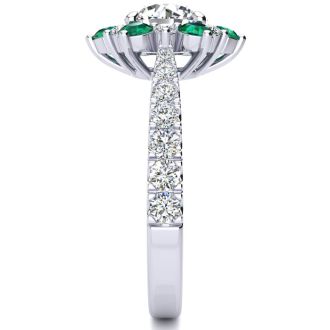 2 Carat Round Shape Flower Halo Emerald and Diamond Engagement Ring In 14K White Gold