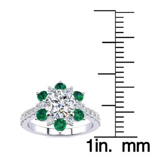 2 Carat Round Shape Flower Halo Emerald and Diamond Engagement Ring In 14K White Gold