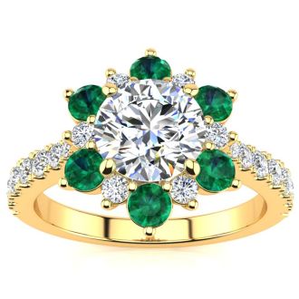 2 Carat Round Shape Flower Halo Emerald and Diamond Engagement Ring In 14K Yellow Gold