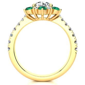 2 Carat Round Shape Flower Halo Emerald and Diamond Engagement Ring In 14K Yellow Gold