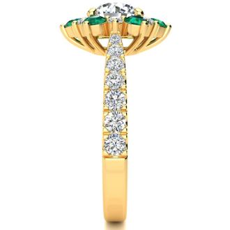 2 Carat Round Shape Flower Halo Emerald and Diamond Engagement Ring In 14K Yellow Gold