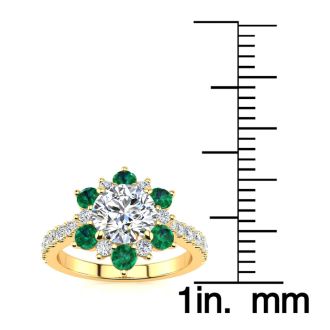 2 Carat Round Shape Flower Halo Emerald and Diamond Engagement Ring In 14K Yellow Gold