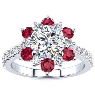 2 Carat Round Shape Flower Halo Ruby and Diamond Engagement Ring In 14K White Gold
