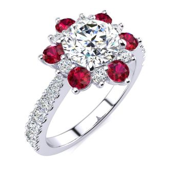2 Carat Round Shape Flower Halo Ruby and Diamond Engagement Ring In 14K White Gold