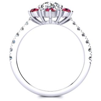 2 Carat Round Shape Flower Halo Ruby and Diamond Engagement Ring In 14K White Gold