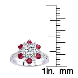 2 Carat Round Shape Flower Halo Ruby and Diamond Engagement Ring In 14K White Gold