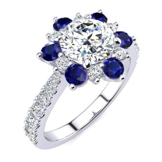 2 Carat Round Shape Flower Halo Sapphire and Diamond Engagement Ring In 14K White Gold