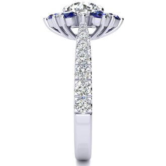 2 Carat Round Shape Flower Halo Sapphire and Diamond Engagement Ring In 14K White Gold
