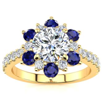 2 Carat Round Shape Flower Halo Sapphire and Diamond Engagement Ring In 14K Yellow Gold