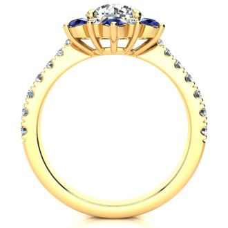 2 Carat Round Shape Flower Halo Sapphire and Diamond Engagement Ring In 14K Yellow Gold
