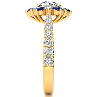 2 Carat Round Shape Flower Halo Sapphire and Diamond Engagement Ring In 14K Yellow Gold