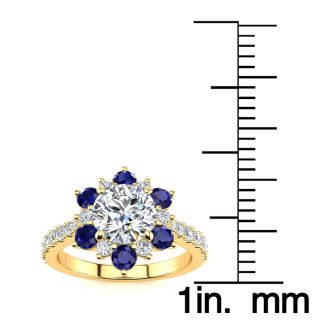 2 Carat Round Shape Flower Halo Sapphire and Diamond Engagement Ring In 14K Yellow Gold