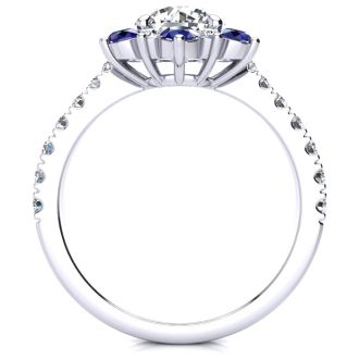 2 Carat Round Shape Flower Halo Sapphire and Diamond Engagement Ring In 14K White Gold