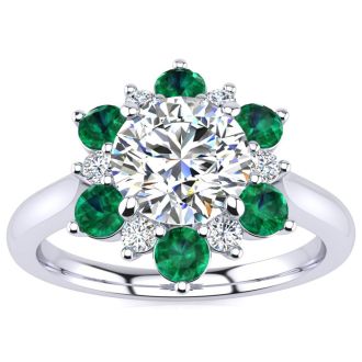 3/4 Carat Round Shape Flower Halo Emerald and Diamond Engagement Ring In 14K White Gold