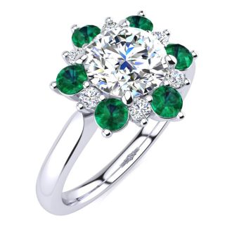 3/4 Carat Round Shape Flower Halo Emerald and Diamond Engagement Ring In 14K White Gold