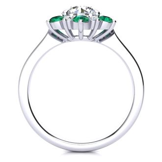 3/4 Carat Round Shape Flower Halo Emerald and Diamond Engagement Ring In 14K White Gold