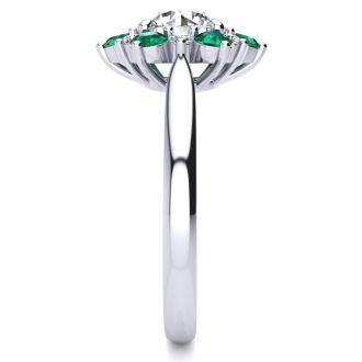 3/4 Carat Round Shape Flower Halo Emerald and Diamond Engagement Ring In 14K White Gold