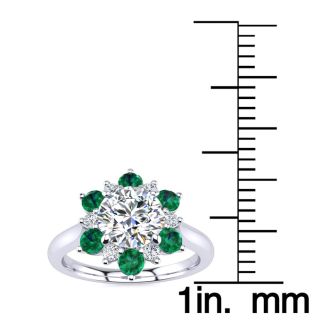 3/4 Carat Round Shape Flower Halo Emerald and Diamond Engagement Ring In 14K White Gold