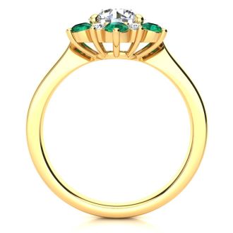 3/4 Carat Round Shape Flower Halo Emerald and Diamond Engagement Ring In 14K Yellow Gold