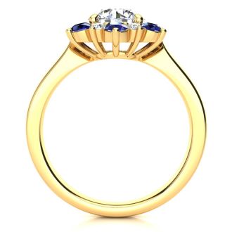 3/4 Carat Round Shape Flower Halo Sapphire and Diamond Engagement Ring In 14K Yellow Gold