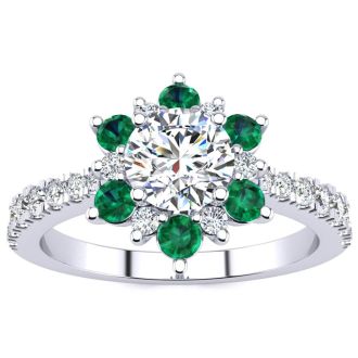 1 Carat Round Shape Flower Halo Emerald and Diamond Engagement Ring In 14K White Gold