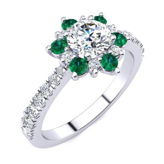 1 Carat Round Shape Flower Halo Emerald and Diamond Engagement Ring In 14K White Gold