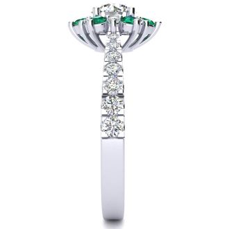 1 Carat Round Shape Flower Halo Emerald and Diamond Engagement Ring In 14K White Gold