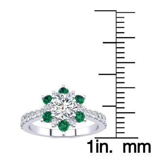 1 Carat Round Shape Flower Halo Emerald and Diamond Engagement Ring In 14K White Gold