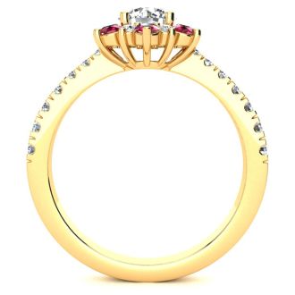1 Carat Round Shape Flower Halo Ruby and Diamond Engagement Ring In 14K Yellow Gold