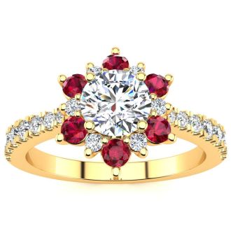 1 Carat Round Shape Flower Halo Ruby and Diamond Engagement Ring In 14K Yellow Gold