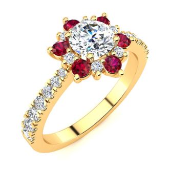 1 Carat Round Shape Flower Halo Ruby and Diamond Engagement Ring In 14K Yellow Gold