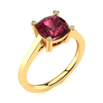 Garnet Ring: Garnet Jewelry: 2ct Cushion Cut Garnet and Diamond Ring in 10K Yellow Gold