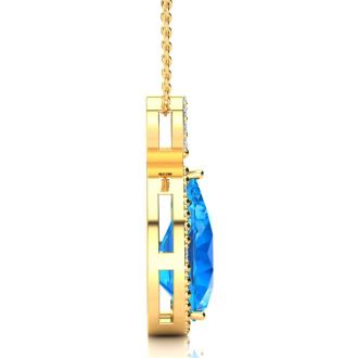 3 1/2ct Pear Shaped Blue Topaz and Diamond Necklace In 10K Yellow Gold
