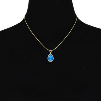 3 1/2ct Pear Shaped Blue Topaz and Diamond Necklace In 10K Yellow Gold