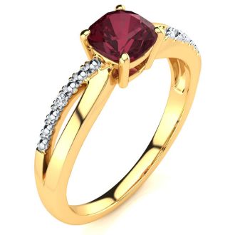 Garnet Ring: Garnet Jewelry: 3/4ct Cushion Cut Garnet and Diamond Ring In 10K Yellow Gold