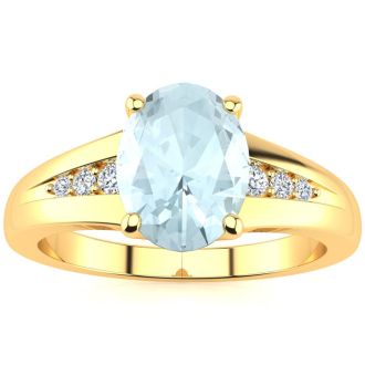 Aquamarine Ring: Aquamarine Jewelry: 1 1/5ct Oval Shape Aquamarine and Diamond Ring in 10k Yellow Gold