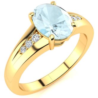 Aquamarine Ring: Aquamarine Jewelry: 1 1/5ct Oval Shape Aquamarine and Diamond Ring in 10k Yellow Gold