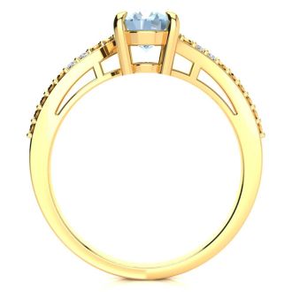 Aquamarine Ring: Aquamarine Jewelry: 1 1/5ct Oval Shape Aquamarine and Diamond Ring in 10k Yellow Gold