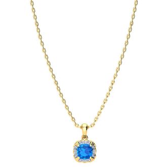 2 1/2ct Cushion Cut Blue Topaz and Diamond Necklace In 10K Yellow Gold