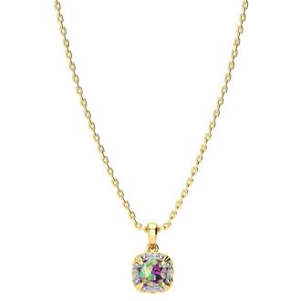 2-1/2 Carat Cushion Shape Mystic Topaz Necklace With Diamonds In 10 Karat Yellow Gold, 18 Inches