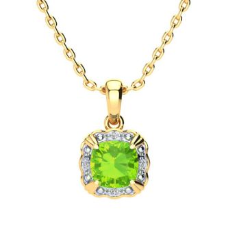 2 1/2ct Cushion Cut Peridot and Diamond Necklace In 10K Yellow Gold