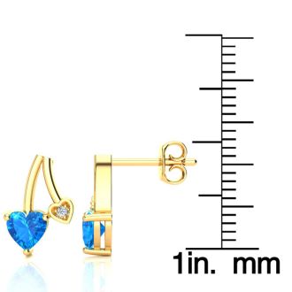 3/4ct Blue Topaz and Diamond Heart Earrings In 10k Yellow Gold