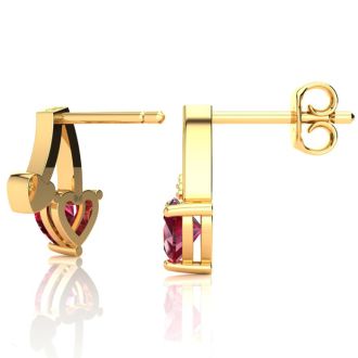 3/4ct Created Ruby and Diamond Heart Earrings In 10k Yellow Gold
