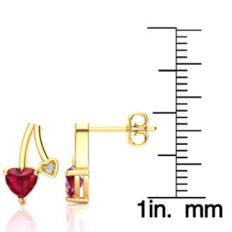 3/4ct Created Ruby and Diamond Heart Earrings In 10k Yellow Gold