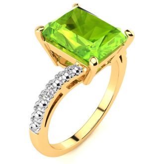 4ct Octagon Peridot and Diamond Ring in 10k Yellow Gold