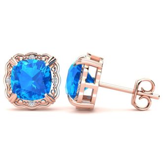 2ct Cushion Cut Blue Topaz and Diamond Earrings in 10k Rose Gold