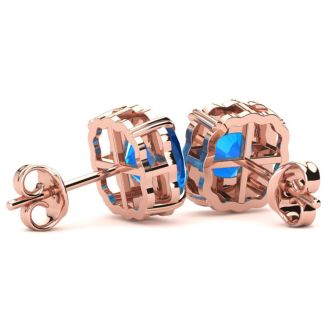 2ct Cushion Cut Blue Topaz and Diamond Earrings in 10k Rose Gold