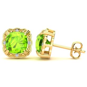 2ct Cushion Cut Peridot and Diamond Earrings in 10k Yellow Gold