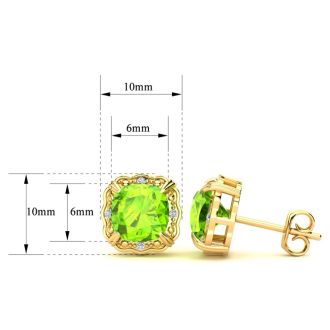 2ct Cushion Cut Peridot and Diamond Earrings in 10k Yellow Gold