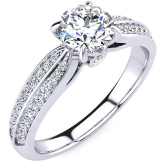 1 Carat Diamond Engagement Ring In 14K White Gold, 3/4 Carat Center Diamond, H-I I1-I2